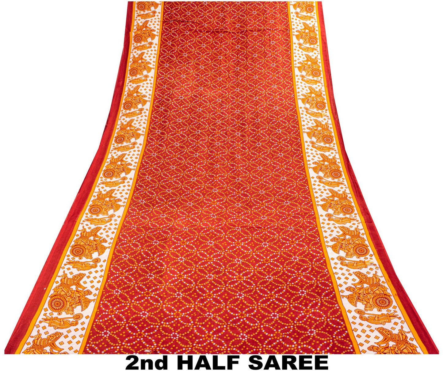 Vintage Saree Red Pure Cotton Bandhani Print Craft Fabric 5+Yard Sari