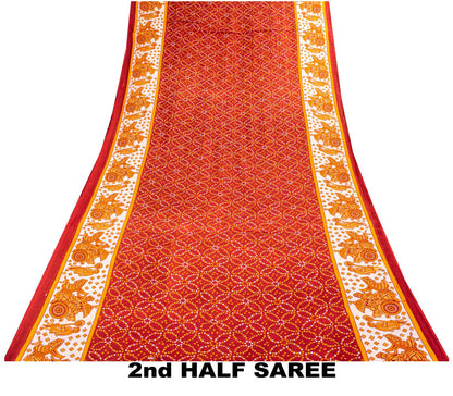 Vintage Saree Red Pure Cotton Bandhani Print Craft Fabric 5+Yard Sari