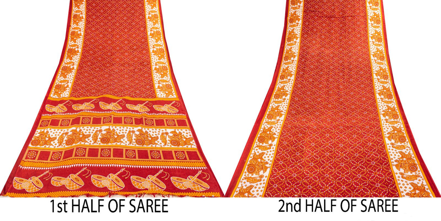 Vintage Saree Red Pure Cotton Bandhani Print Craft Fabric 5+Yard Sari