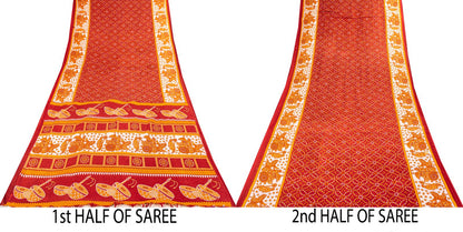 Vintage Saree Red Pure Cotton Bandhani Print Craft Fabric 5+Yard Sari
