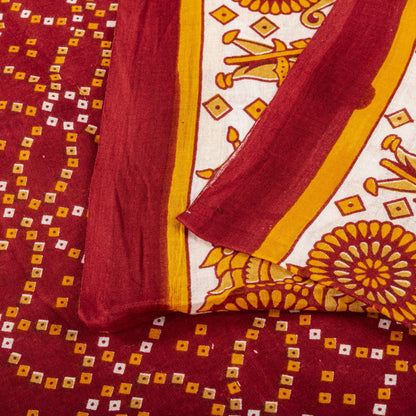 Vintage Saree Red Pure Cotton Bandhani Print Craft Fabric 5+Yard Sari