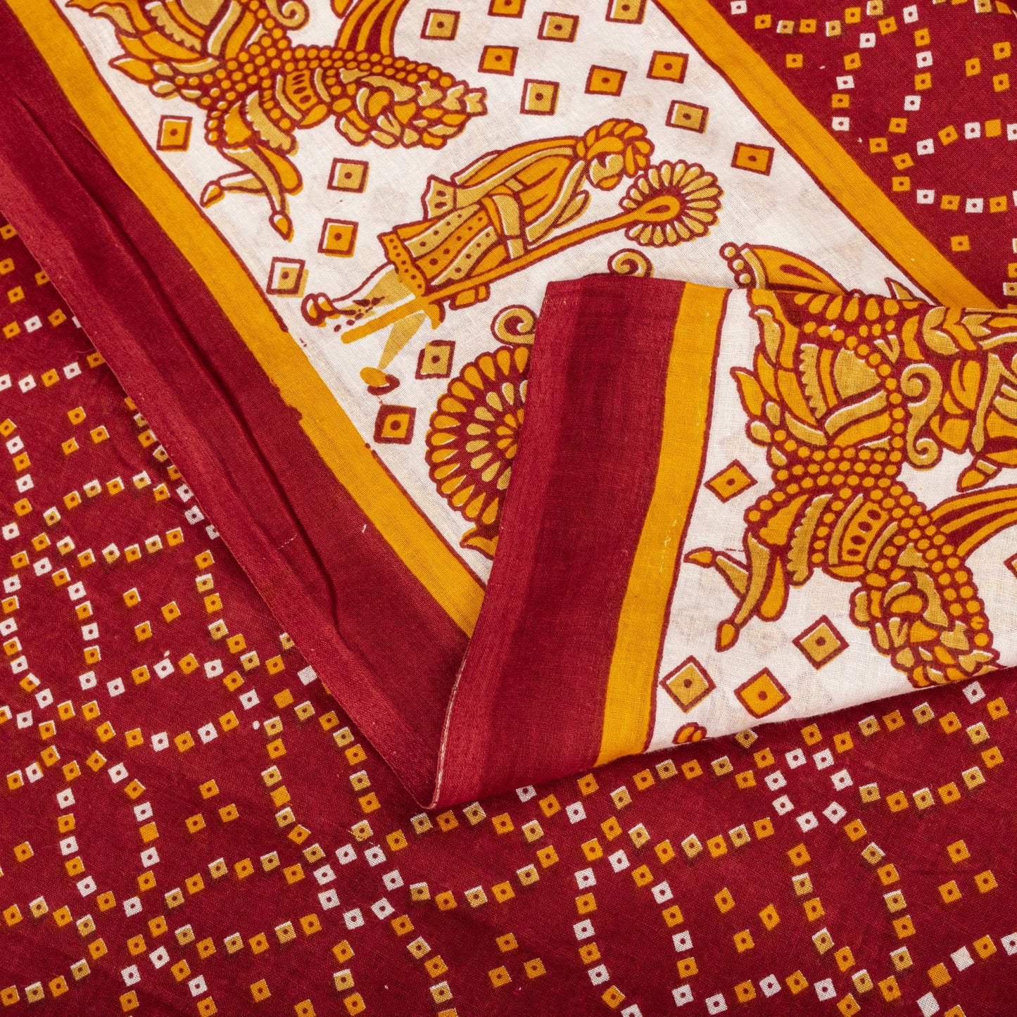 Vintage Saree Red Pure Cotton Bandhani Print Craft Fabric 5+Yard Sari