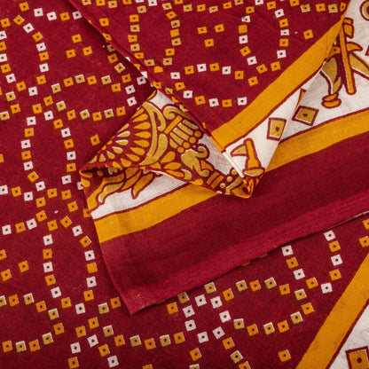 Vintage Saree Red Pure Cotton Bandhani Print Craft Fabric 5+Yard Sari
