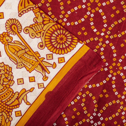 Vintage Saree Red Pure Cotton Bandhani Print Craft Fabric 5+Yard Sari