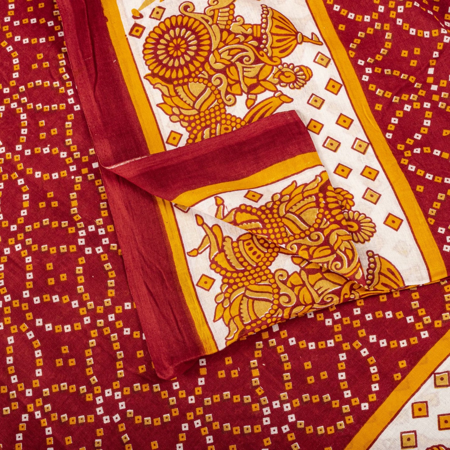 Vintage Saree Red Pure Cotton Bandhani Print Craft Fabric 5+Yard Sari