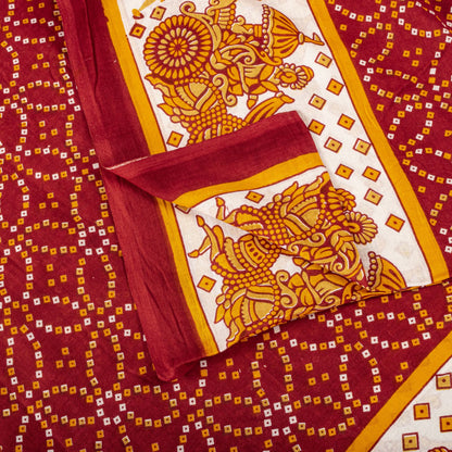 Vintage Saree Red Pure Cotton Bandhani Print Craft Fabric 5+Yard Sari