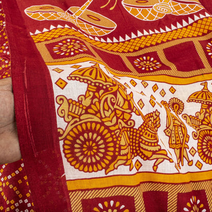 Vintage Saree Red Pure Cotton Bandhani Print Craft Fabric 5+Yard Sari