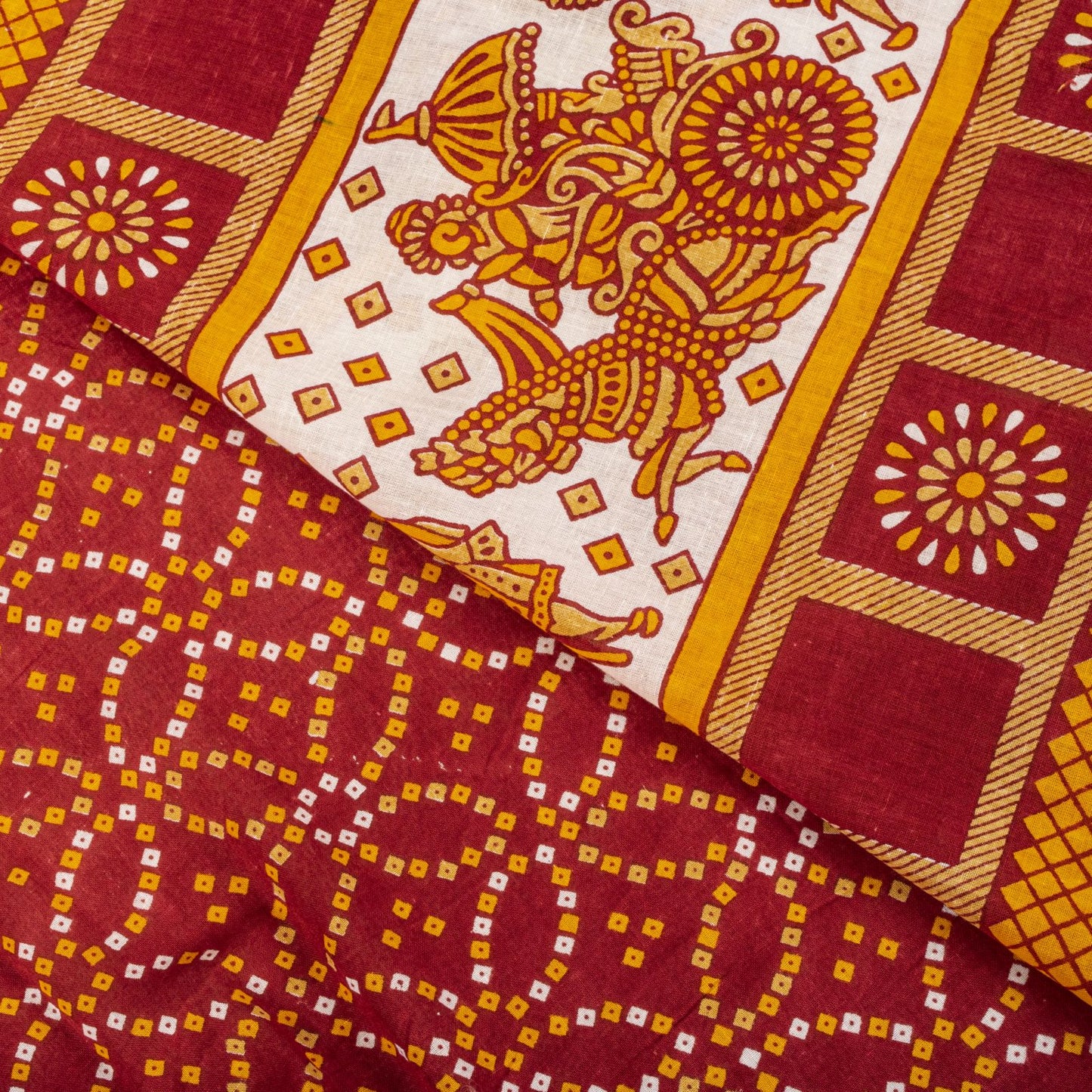 Vintage Saree Red Pure Cotton Bandhani Print Craft Fabric 5+Yard Sari