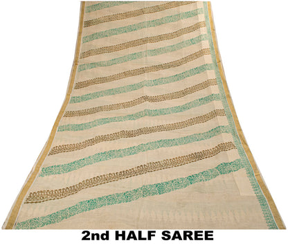 Sanskriti Vintage Saree Off-White Pure Cotton Hand Block Print Craft Fabric Sari
