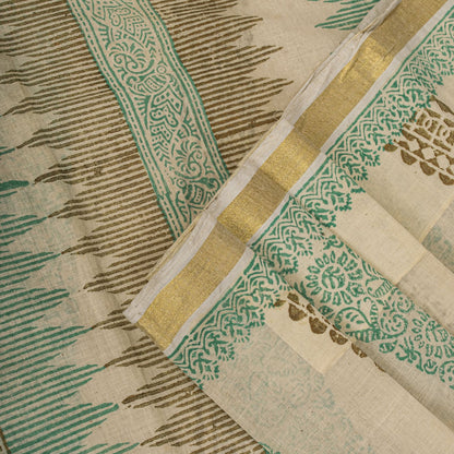 Sanskriti Vintage Saree Off-White Pure Cotton Hand Block Print Craft Fabric Sari