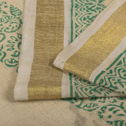 Sanskriti Vintage Saree Off-White Pure Cotton Hand Block Print Craft Fabric Sari