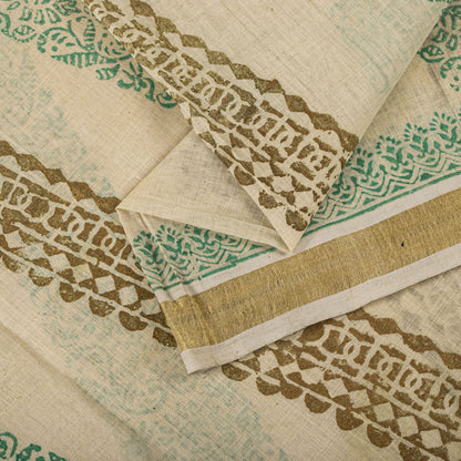 Sanskriti Vintage Saree Off-White Pure Cotton Hand Block Print Craft Fabric Sari