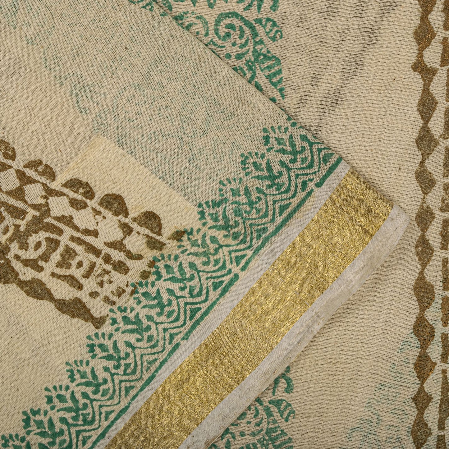 Sanskriti Vintage Saree Off-White Pure Cotton Hand Block Print Craft Fabric Sari