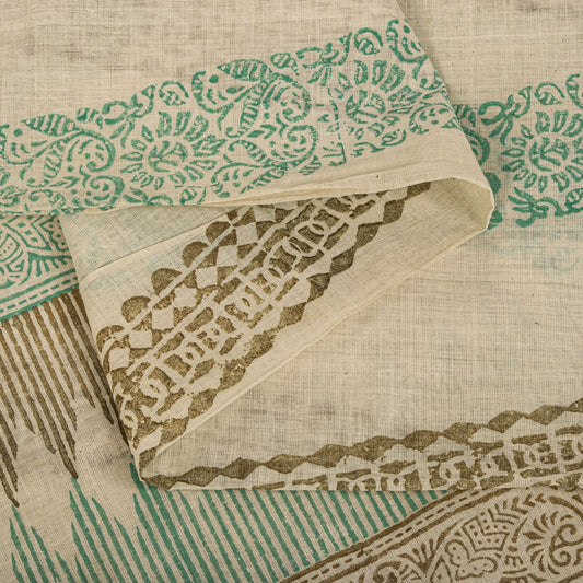Sanskriti Vintage Saree Off-White Pure Cotton Hand Block Print Craft Fabric Sari
