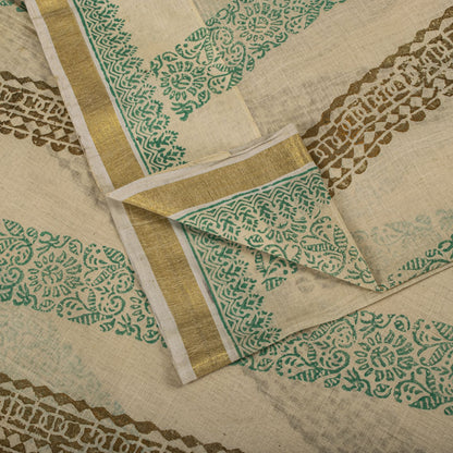 Sanskriti Vintage Saree Off-White Pure Cotton Hand Block Print Craft Fabric Sari