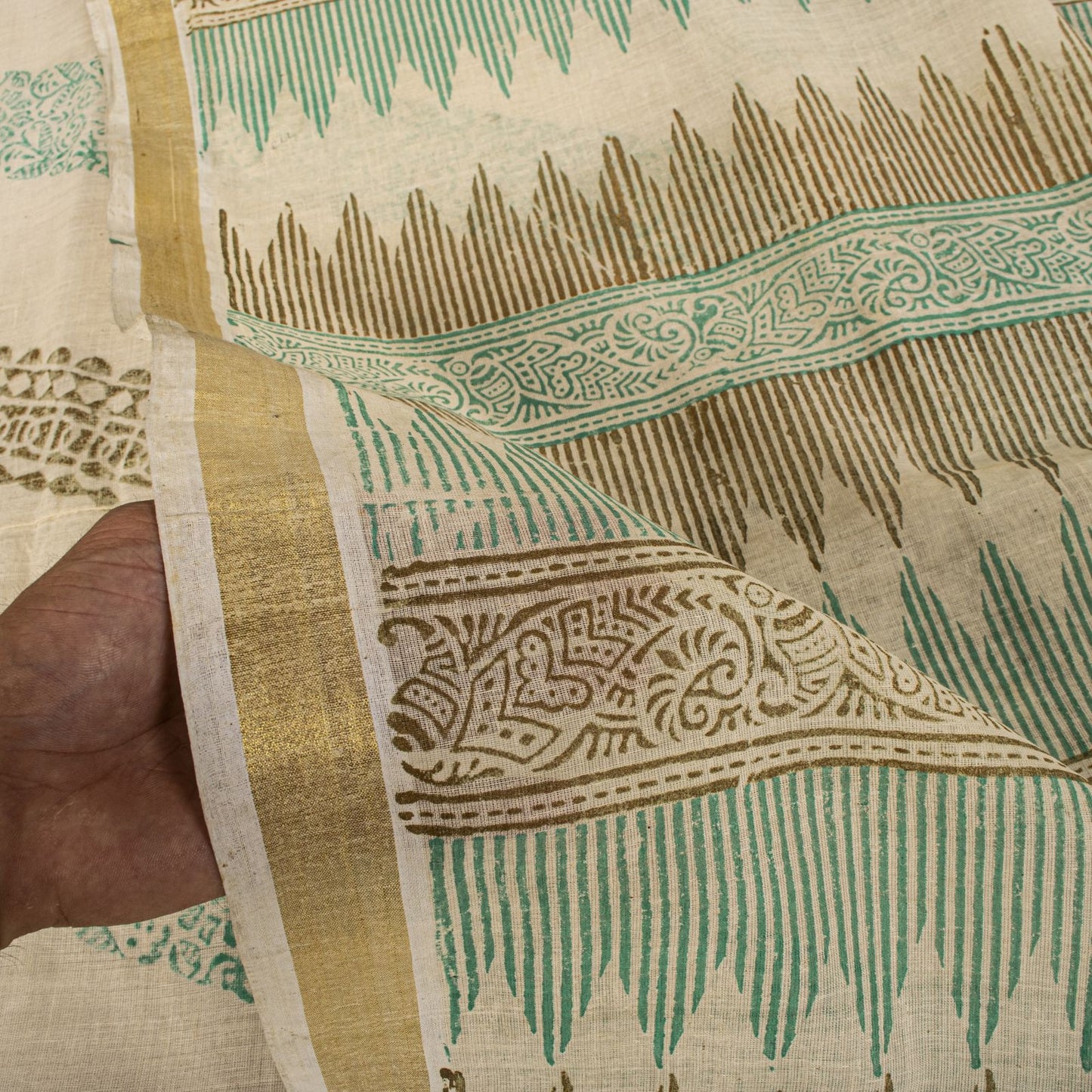 Sanskriti Vintage Saree Off-White Pure Cotton Hand Block Print Craft Fabric Sari
