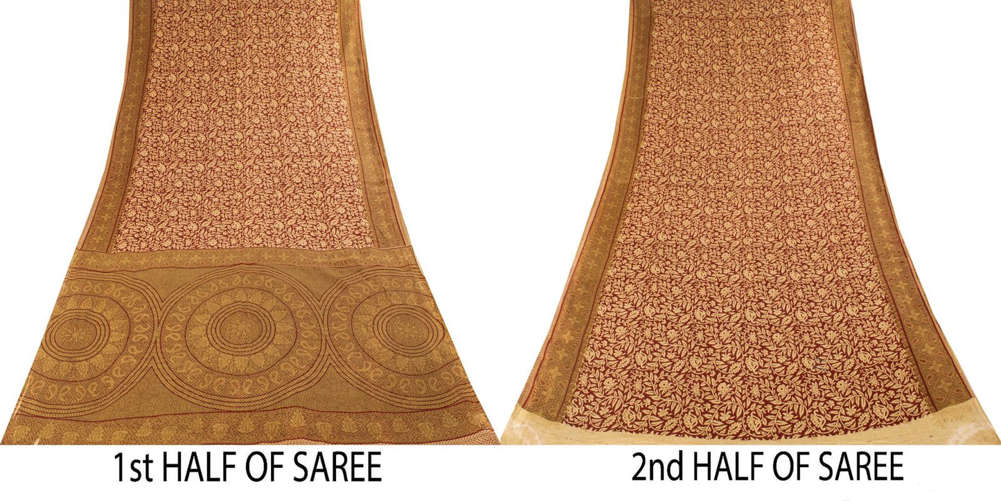Sanskriti Vintage Saree Brown Pure Cotton Mandal Art-Kalamkari Print Sari 5.5+YD Craft Fabric