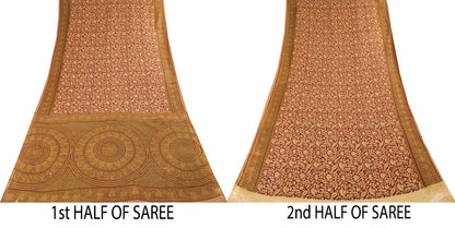 Sanskriti Vintage Saree Brown Pure Cotton Mandal Art-Kalamkari Print Sari 5.5+YD Craft Fabric