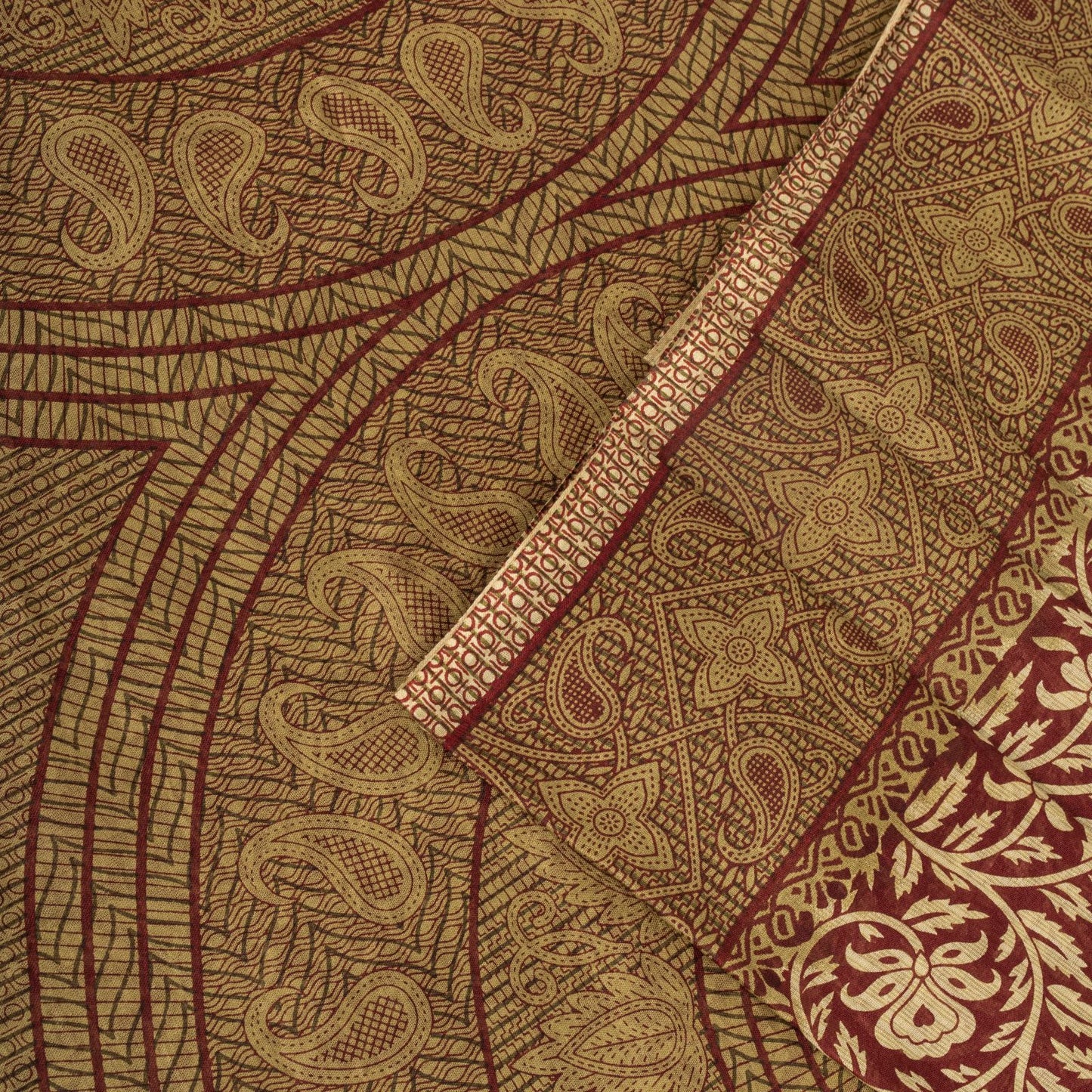 Sanskriti Vintage Saree Brown Pure Cotton Mandal Art-Kalamkari Print Sari 5.5+YD Craft Fabric