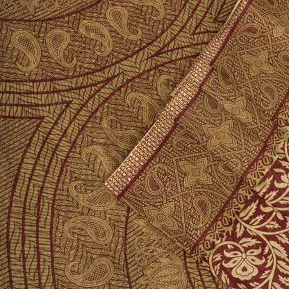 Sanskriti Vintage Saree Brown Pure Cotton Mandal Art-Kalamkari Print Sari 5.5+YD Craft Fabric