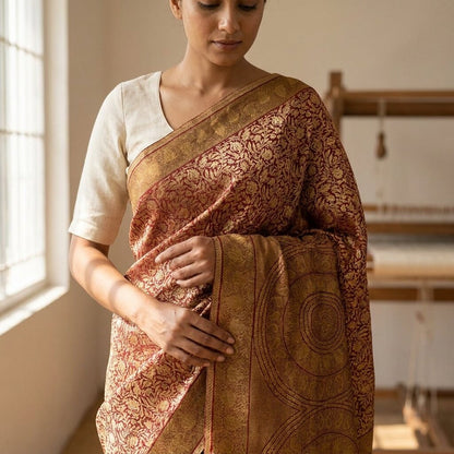 Sanskriti Vintage Saree Brown Pure Cotton Mandal Art-Kalamkari Print Sari 5.5+YD Craft Fabric