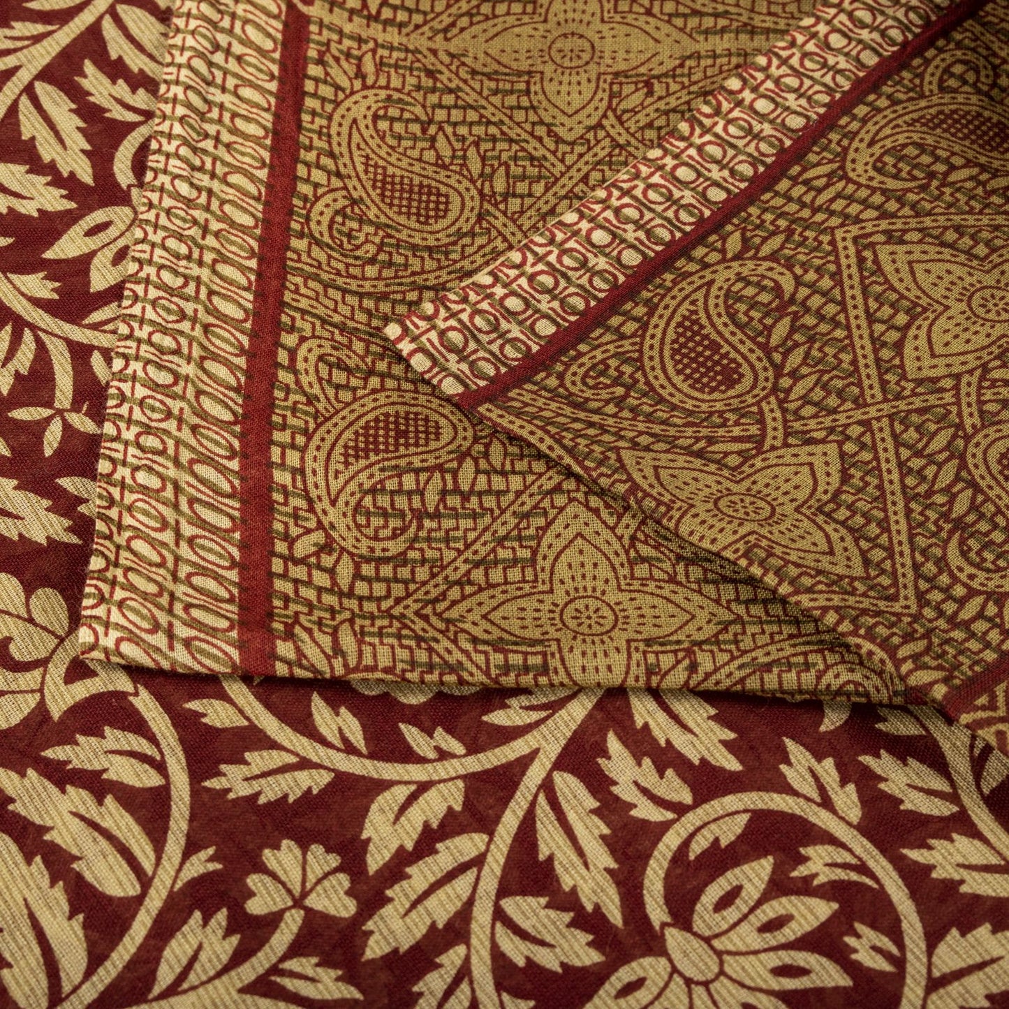 Sanskriti Vintage Saree Brown Pure Cotton Mandal Art-Kalamkari Print Sari 5.5+YD Craft Fabric