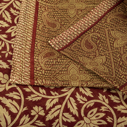 Sanskriti Vintage Saree Brown Pure Cotton Mandal Art-Kalamkari Print Sari 5.5+YD Craft Fabric