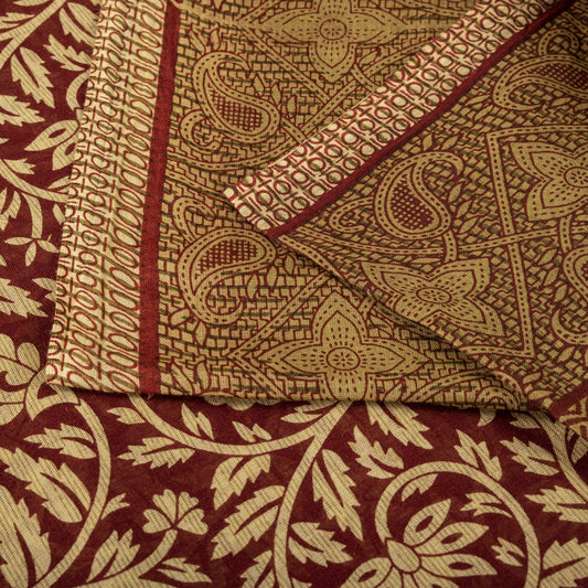 Sanskriti Vintage Saree Brown Pure Cotton Mandal Art-Kalamkari Print Sari 5.5+YD Craft Fabric