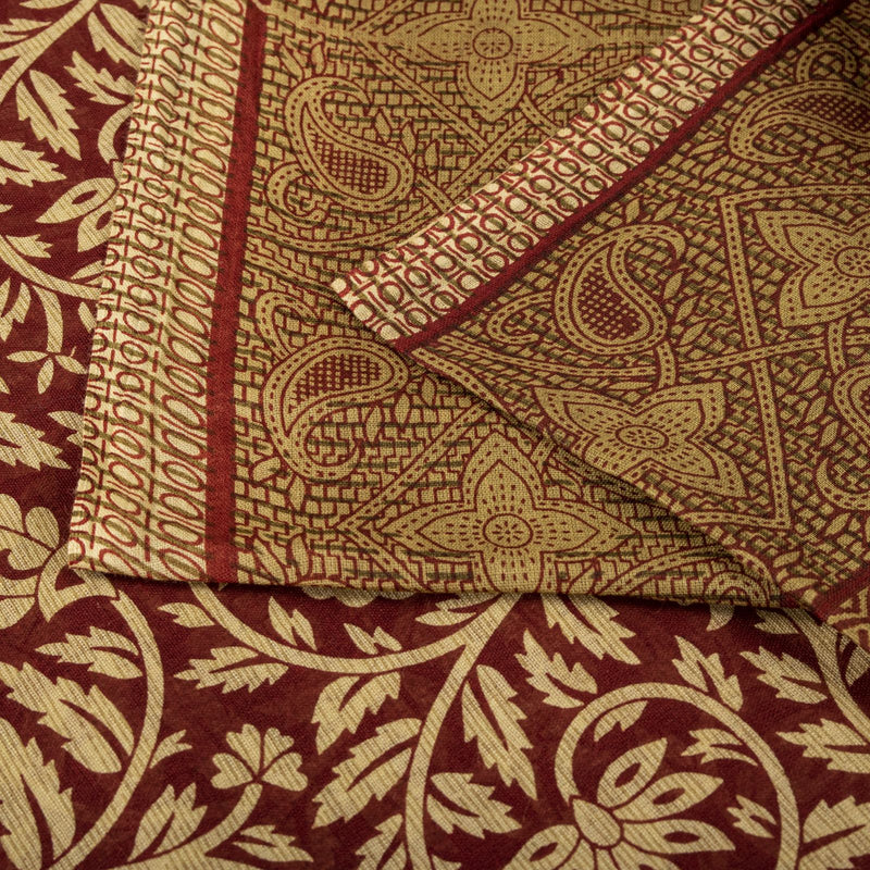 Sanskriti Vintage Saree Brown Pure Cotton Mandal Art-Kalamkari Print Sari 5.5+YD Craft Fabric