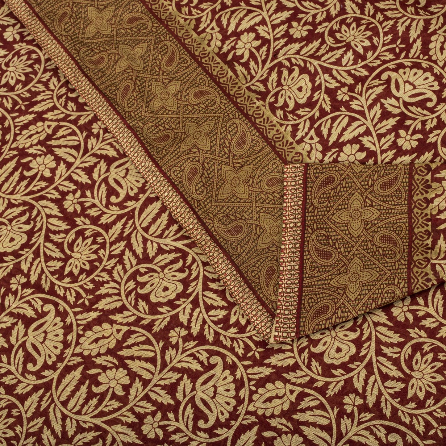 Sanskriti Vintage Saree Brown Pure Cotton Mandal Art-Kalamkari Print Sari 5.5+YD Craft Fabric