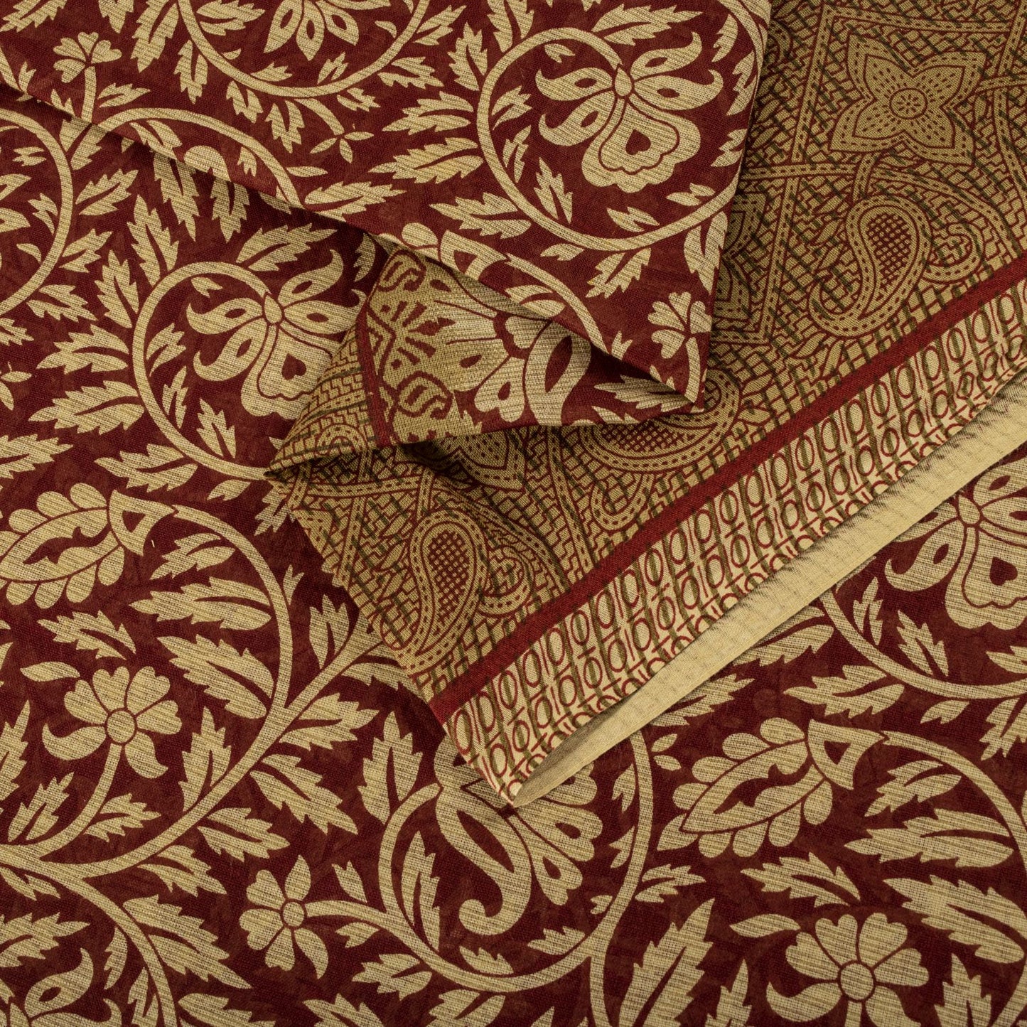 Sanskriti Vintage Saree Brown Pure Cotton Mandal Art-Kalamkari Print Sari 5.5+YD Craft Fabric