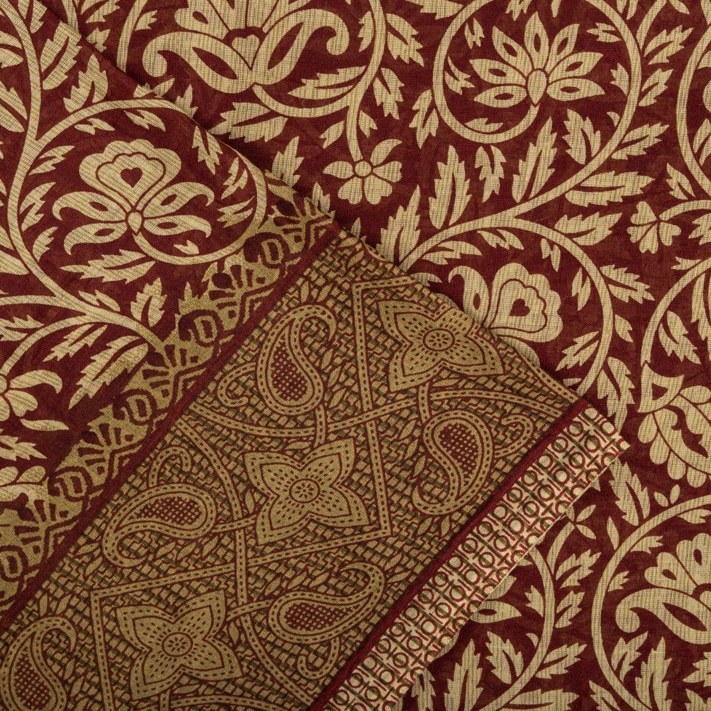 Sanskriti Vintage Saree Brown Pure Cotton Mandal Art-Kalamkari Print Sari 5.5+YD Craft Fabric