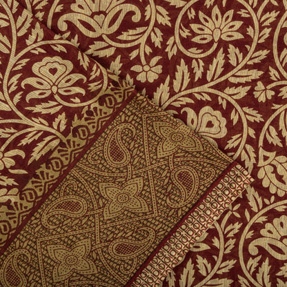 Sanskriti Vintage Saree Brown Pure Cotton Mandal Art-Kalamkari Print Sari 5.5+YD Craft Fabric