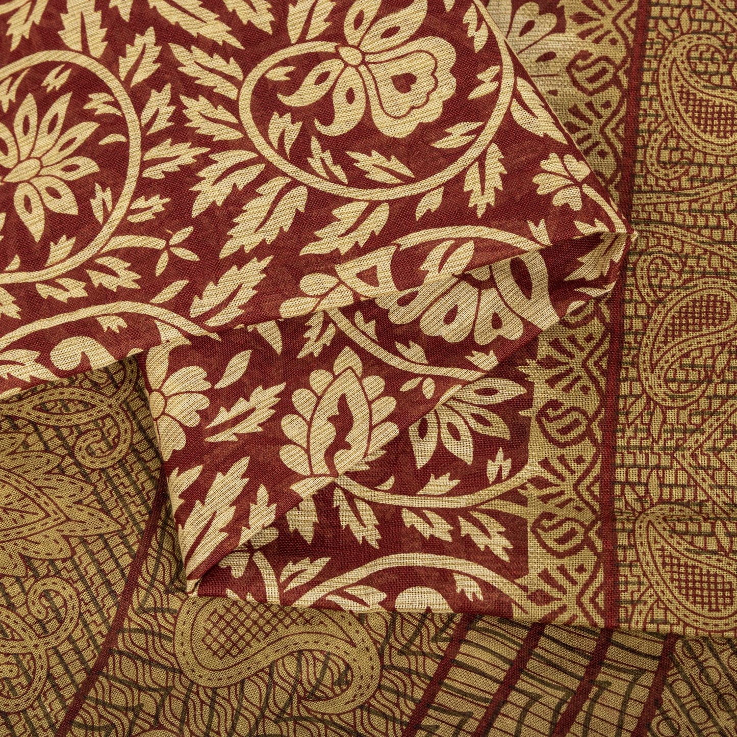 Sanskriti Vintage Saree Brown Pure Cotton Mandal Art-Kalamkari Print Sari 5.5+YD Craft Fabric