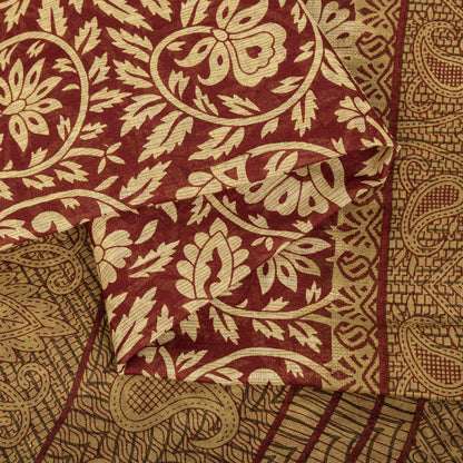Sanskriti Vintage Saree Brown Pure Cotton Mandal Art-Kalamkari Print Sari 5.5+YD Craft Fabric