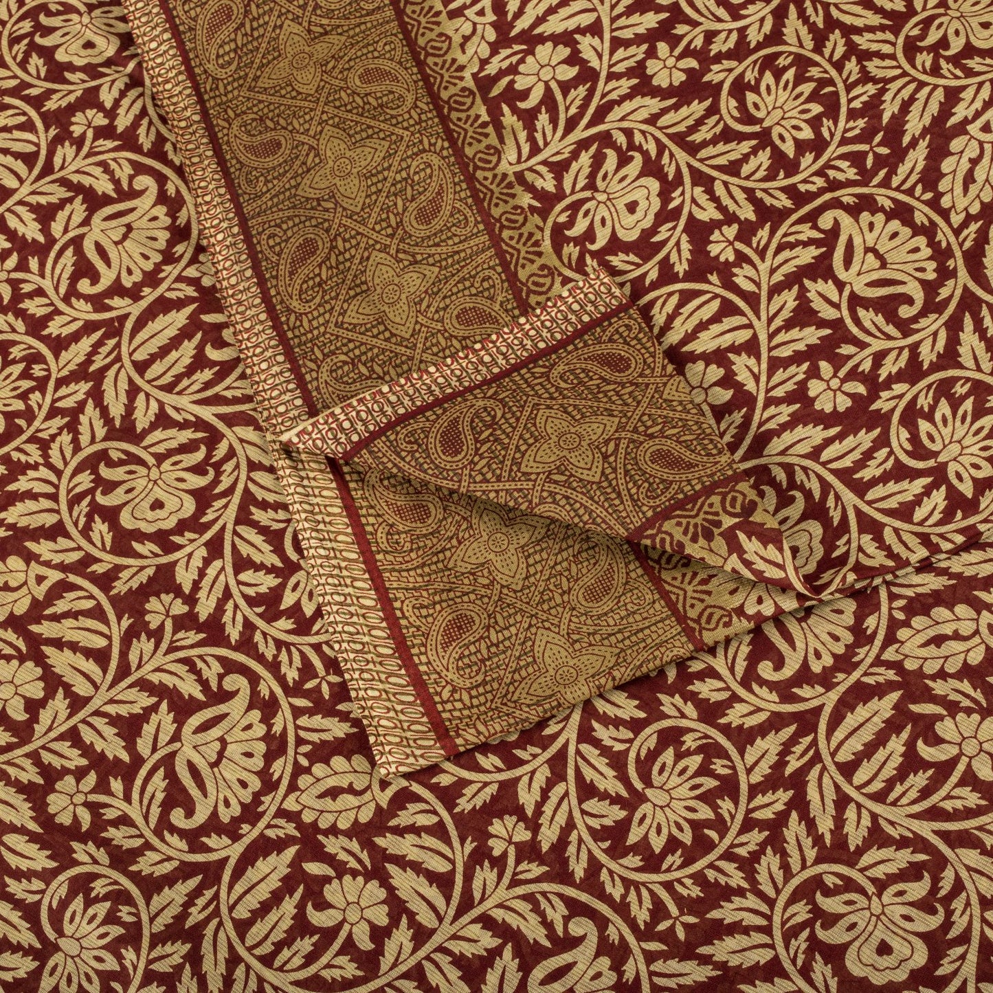 Sanskriti Vintage Saree Brown Pure Cotton Mandal Art-Kalamkari Print Sari 5.5+YD Craft Fabric