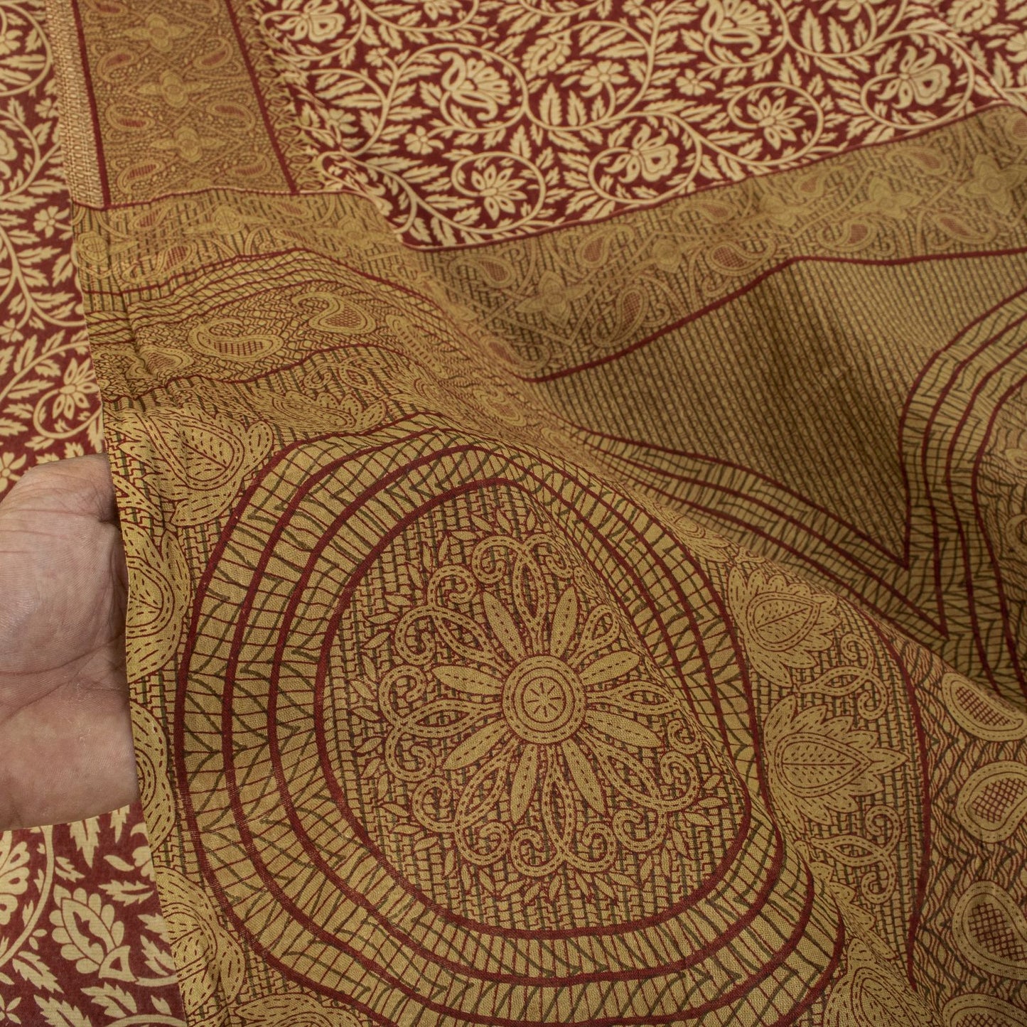 Sanskriti Vintage Saree Brown Pure Cotton Mandal Art-Kalamkari Print Sari 5.5+YD Craft Fabric