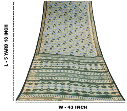 Sanskriti Vintage Saree Gray 100% Pure Cotton Floral Geometric Printed Sari Fabric 5+Yd