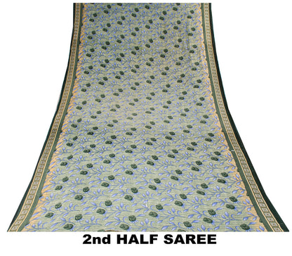 Sanskriti Vintage Saree Gray 100% Pure Cotton Floral Geometric Printed Sari Fabric 5+Yd