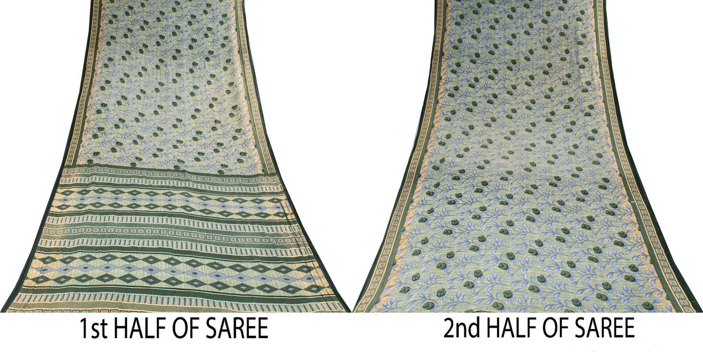Sanskriti Vintage Saree Gray 100% Pure Cotton Floral Geometric Printed Sari Fabric 5+Yd
