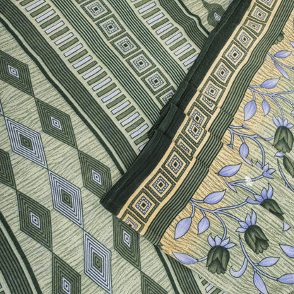 Sanskriti Vintage Saree Gray 100% Pure Cotton Floral Geometric Printed Sari Fabric 5+Yd