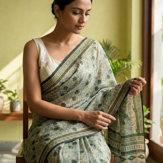 Sanskriti Vintage Saree Gray 100% Pure Cotton Floral Geometric Printed Sari Fabric 5+Yd