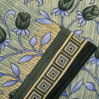 Sanskriti Vintage Saree Gray 100% Pure Cotton Floral Geometric Printed Sari Fabric 5+Yd