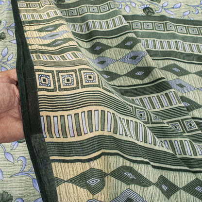 Sanskriti Vintage Saree Gray 100% Pure Cotton Floral Geometric Printed Sari Fabric 5+Yd