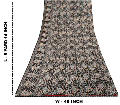 Sanskriti Vintage Saree Black 100% Pure Cotton Kalamkari Style Floral Printed Fabric 5+Yard Sari