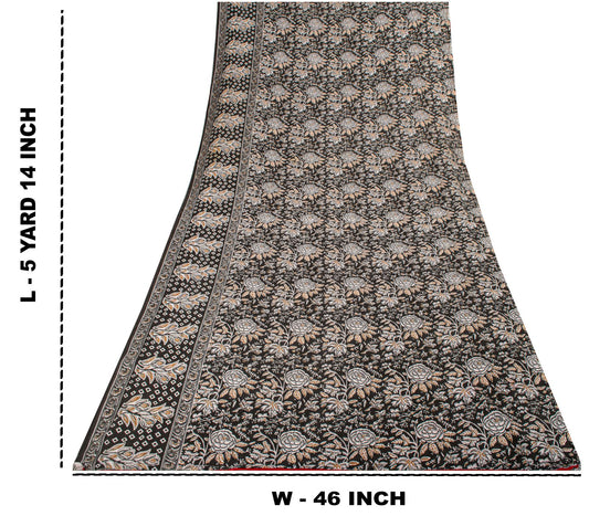 Sanskriti Vintage Saree Black 100% Pure Cotton Kalamkari Style Floral Printed Fabric 5+Yard Sari