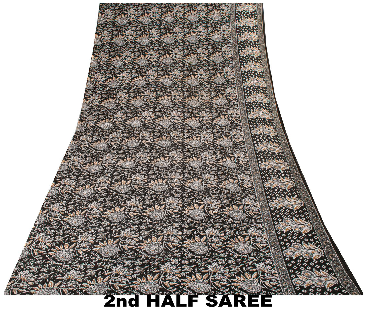Sanskriti Vintage Saree Black 100% Pure Cotton Kalamkari Style Floral Printed Fabric 5+Yard Sari