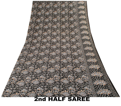 Sanskriti Vintage Saree Black 100% Pure Cotton Kalamkari Style Floral Printed Fabric 5+Yard Sari
