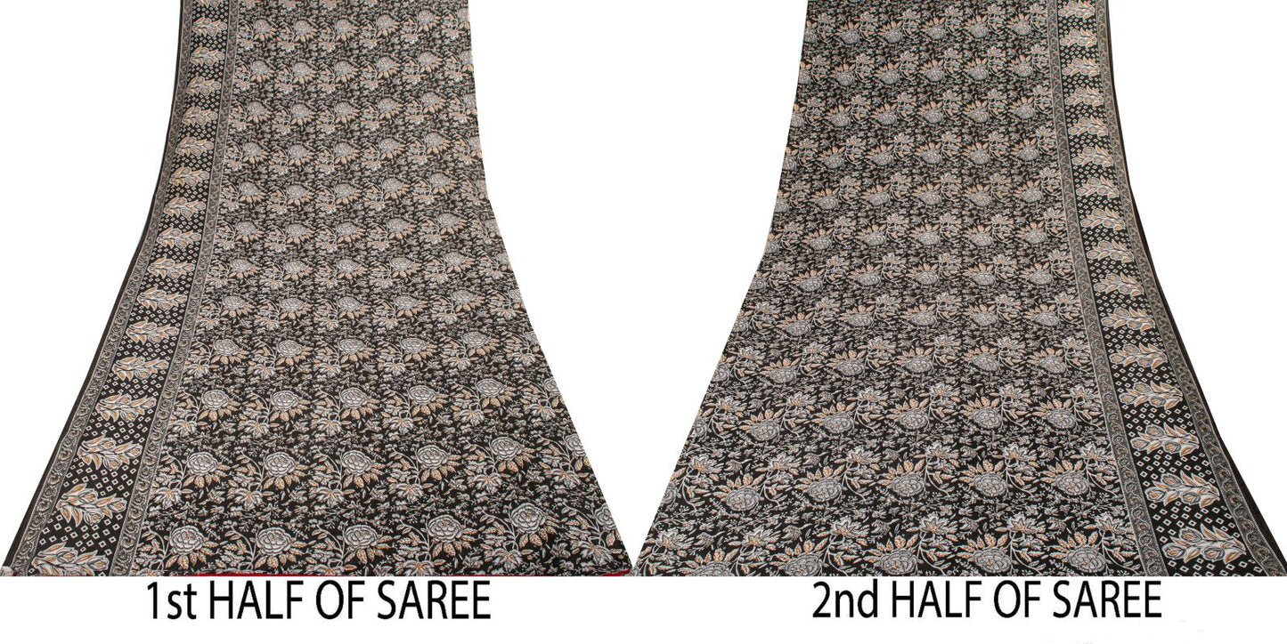 Sanskriti Vintage Saree Black 100% Pure Cotton Kalamkari Style Floral Printed Fabric 5+Yard Sari