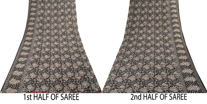 Sanskriti Vintage Saree Black 100% Pure Cotton Kalamkari Style Floral Printed Fabric 5+Yard Sari